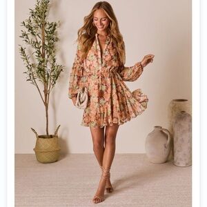 Vici Allenah Drawstring Multicolor Floral Long Sleeve Mini Dress